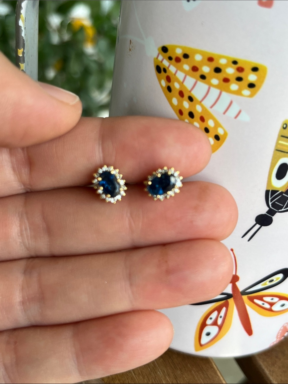 18k Gold Stud Earrings with Deep Blue oval  sapphires & diamond halo - Picture 2 of 6